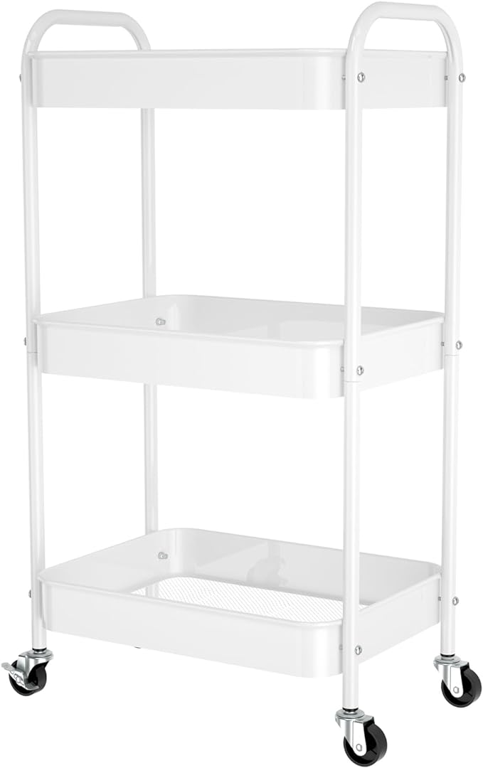3-Tier Rolling Cart, Metal Utility Storage Carts with Wheels,White | Multi-Functional Organizer Snack Cart Easy Assembly
