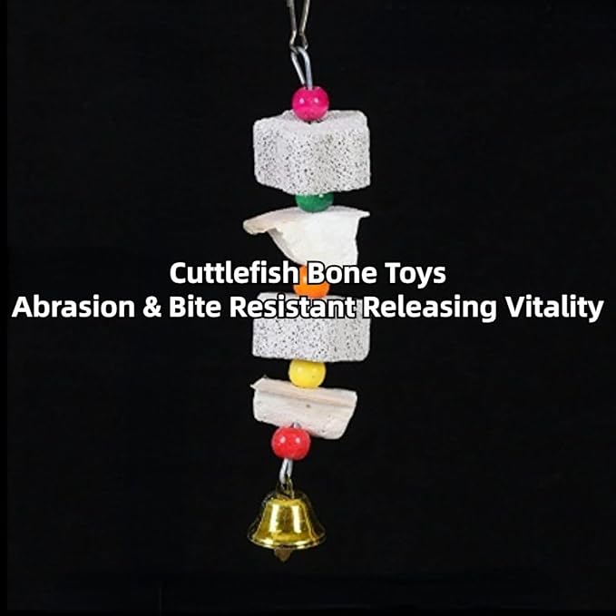2Pcs Bird Beak Calcium Stone Lava Block Chew Toy Grinding Teeth Natural Minerals with Bell for Parakeet Conure Lovebird Cockatiel Finch Canary Hamster Chinchilla Rabbit (Medium)
