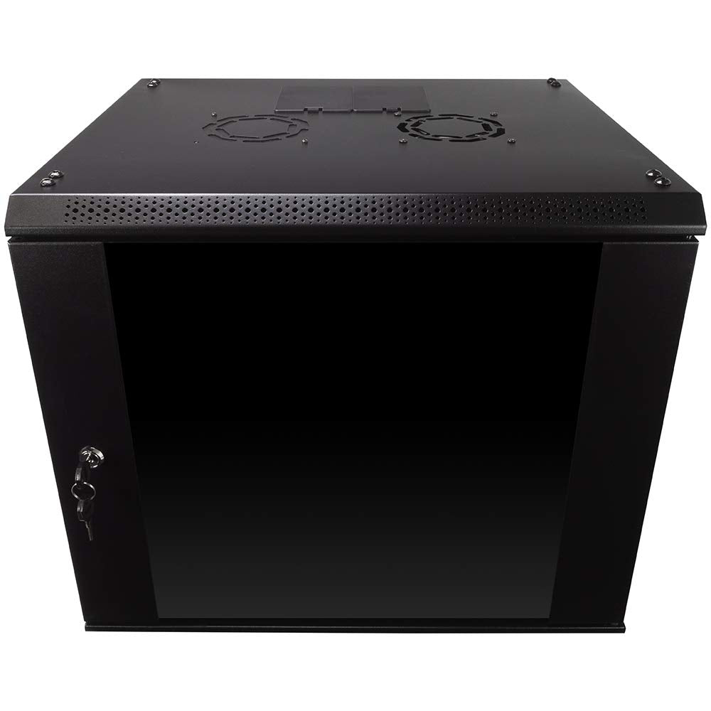 NavePoint 9U Server Rack Enclosure with Glass Door, Cooling Fan, Locks, & Removable Side Panels - 9U Wall Mount Network Cabinet 19 Inch Rack 17.7 Inches Deep