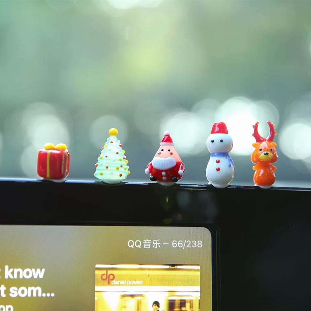 Mollytek 5PCS Mini Hand Blown Glass Figurines Collectibles Miniature Hand Blown Glass Ornaments Decor Assorted Cute Home Office Table Computer Car Dashboard Ornament (Christmas)