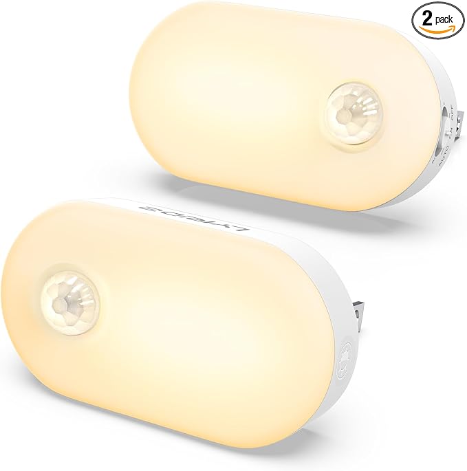 Lyridz Plug in Night Light with Motion Sensor, 120LM Superior Bright Smart Mini LED Nightlight, Warm White with Stepless Adjustable Brightness for Bathroom, Bedroom, Kitchen, Stairs, Hallway, 2 Pack