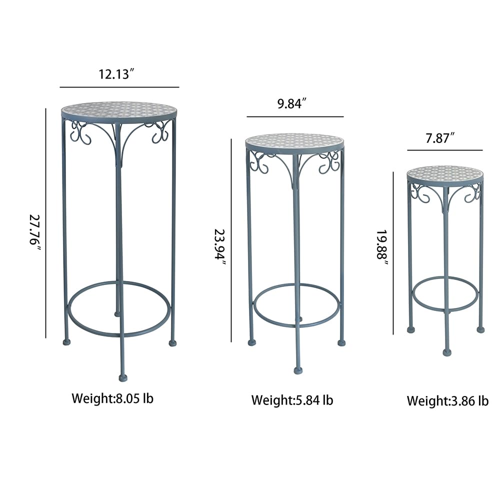 Metal Plant Stand Set of 3 Round Ceramic Top 28" Tall Mosaic Flower Stand Tile Nesting Display Side Table Indoor Outdoor Plant Rack Flower Holder for Wedding Party Patio Living Room Frame Stackable Garden Accessory Decorative Blue