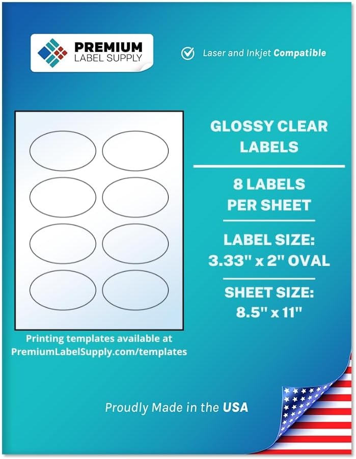 Premium Label Supply Glossy Clear Oval Labels – 3.33" x 2" Oval – Laser/Inkjet Compatible – (8 per Sheet), 10 Sheets – 80 Total Adhesive Labels