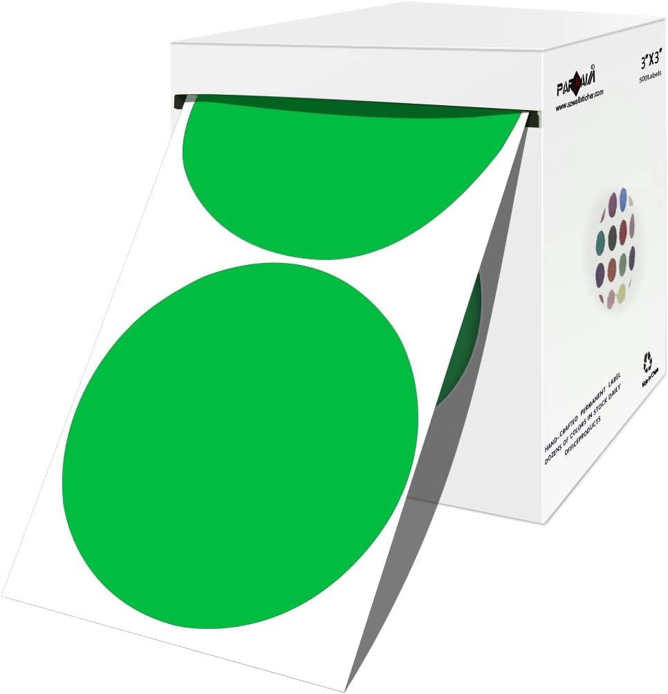PARLAIM 3 Inch Round Color-Code Dot Stickers, 500 Color Coding Circle Labels per Roll Dispenser Box for Inventory, Green