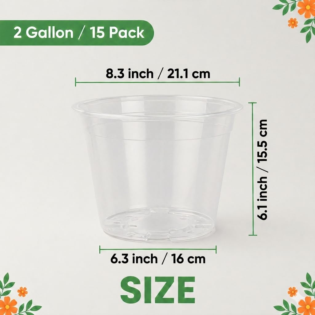 TAQIXI 2 Gallon Clear Nursery Pots 15 Pack, 8 Inch Large Plastic Plant Pots with Drainage Holes, Transparent Planters for Root Monitoring, Seedlings, Vegetables, Flower, Indoor Outdoor