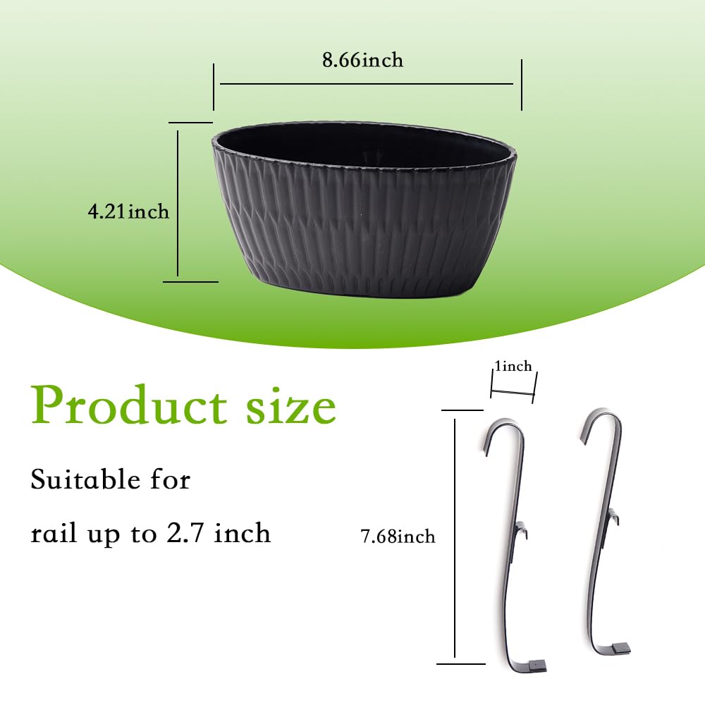 YUNLINGAA 9 Inch Hanging Flower Pots, 3 Pcs Black Railing Fence Hanging Bucket Planter with Detachable Hooks, Countryside Window Plant Holder for Outdoor Garden Yard Home Decor