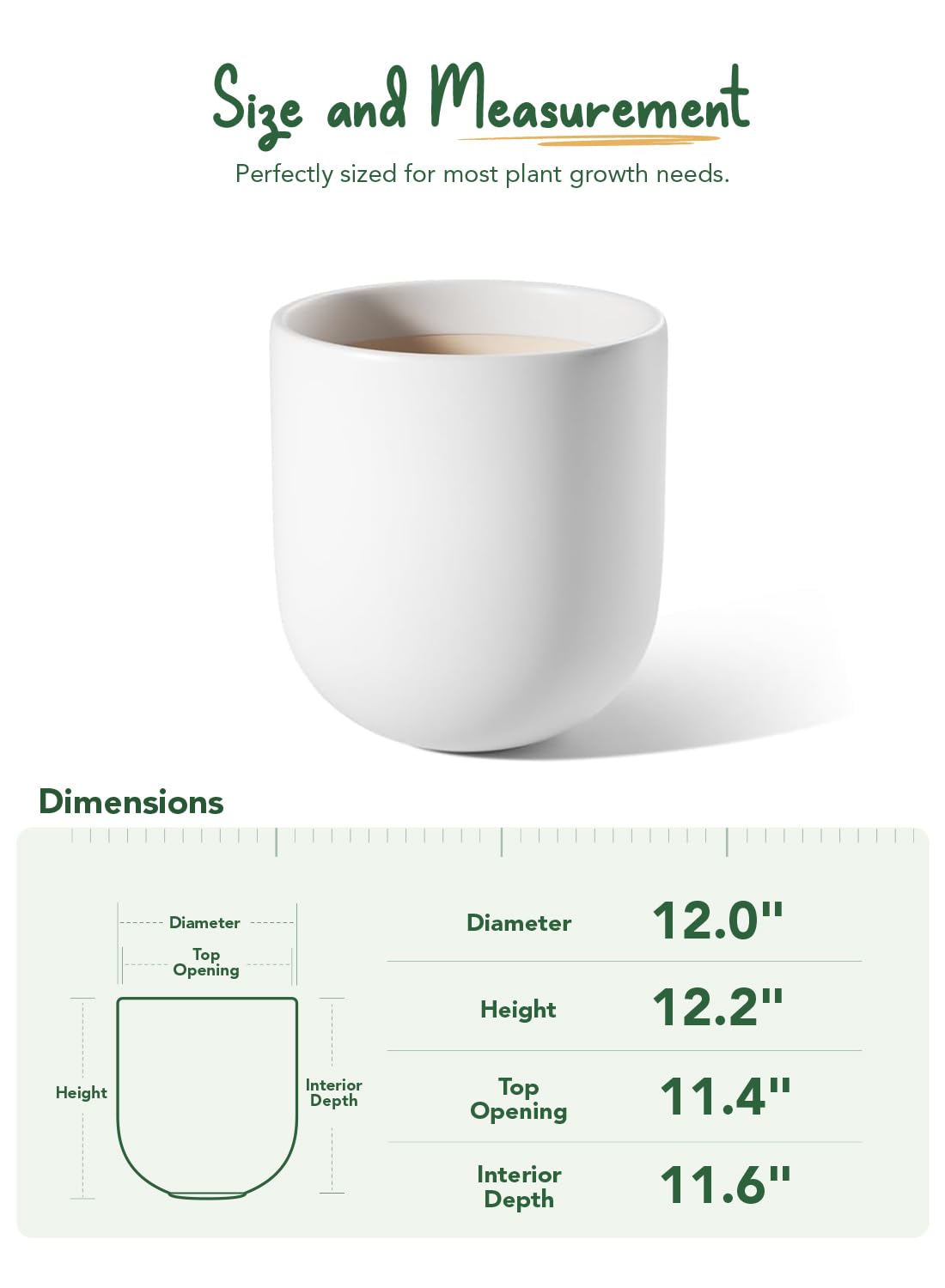 LE TAUCI 12 Inch Pots for Plants, Ceramic Large Planters for Indoor Plants, Indoor Plant Pots for Home Garden Patio Office, Planter Pots with Drainage Hole and Rubber Plug, White