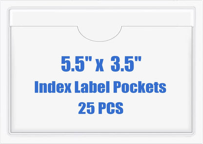 Origin-Joy 25 PCS Self-Adhesive Index Label Pockets, Clear Plastic Peel & Stick Card Holders with Top Open for Loading (5.5 x 3.5 inch)