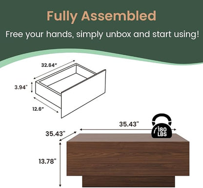 POVISON Modern Square Coffee Table with Storage, 35.43" Wood Coffee Table for Living Room Table Walnut, Fully Assembled