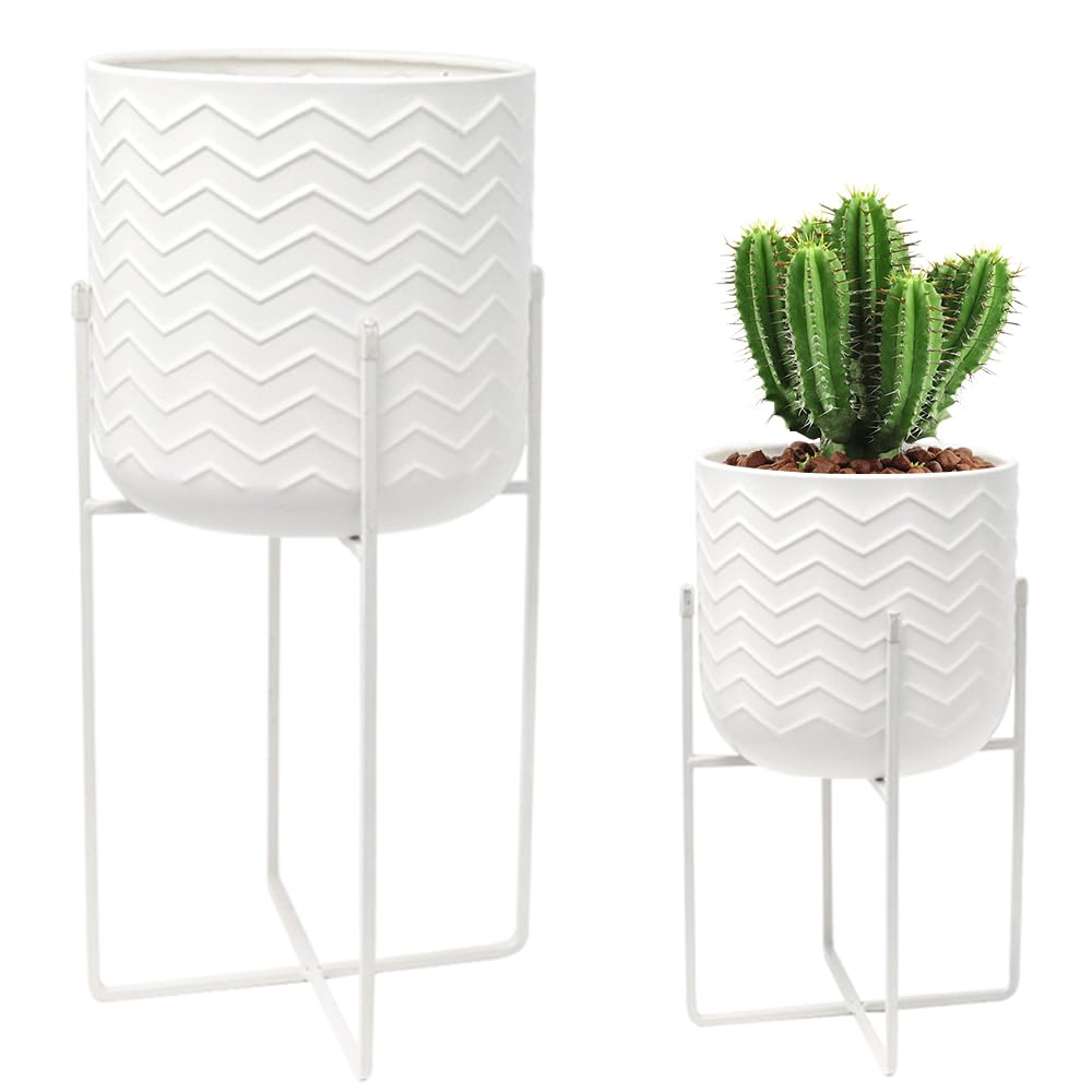 TRIROCKS Set of 2 Planters with Stand Indoor Otdoor Metal Plant Stand 18&12" Tall Modern Planters Flower Pots for Living Room Corner Kitchen Office Garden Balcony Patio Decor(White)