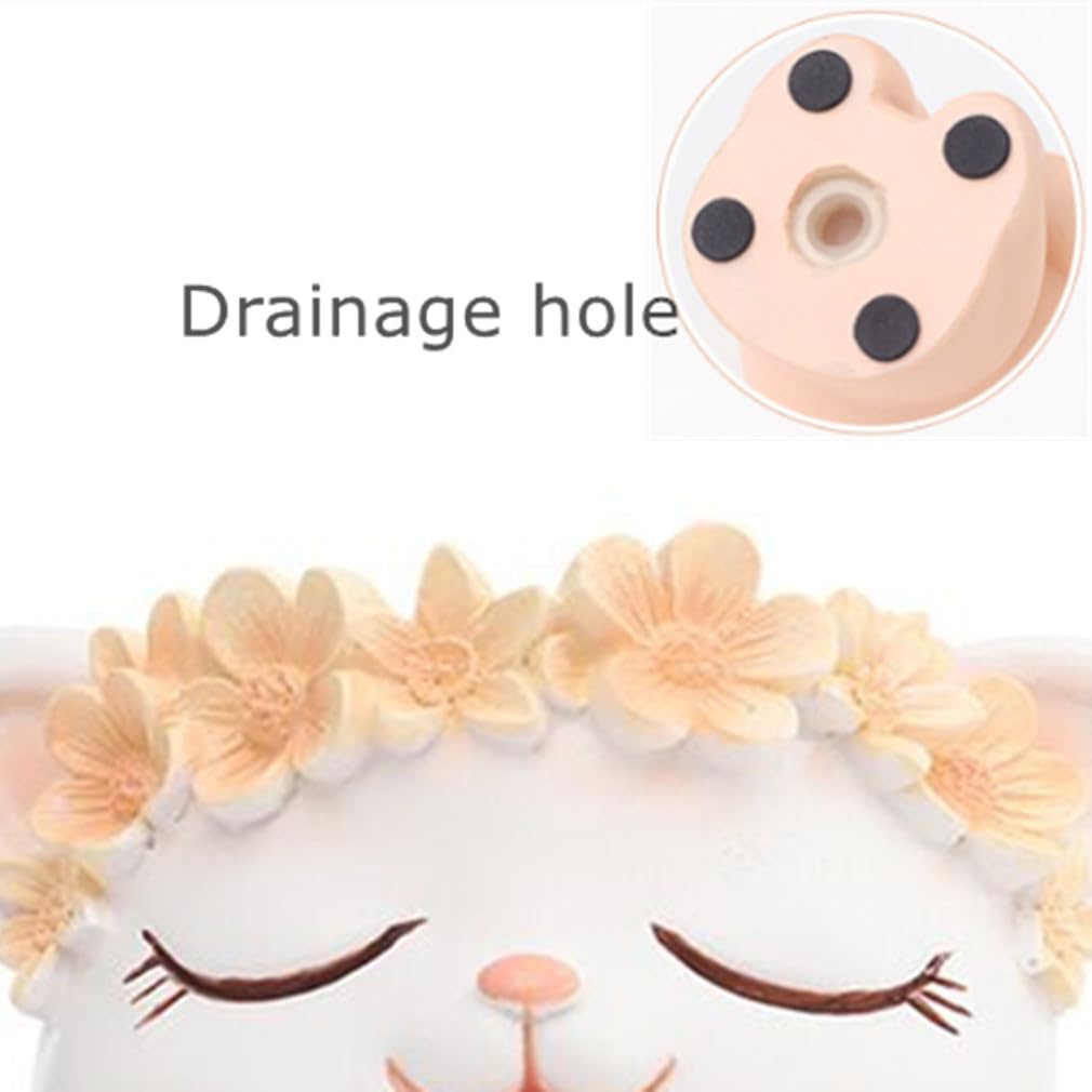 SPEALLOY Mini Fantasy Zoo Resin Pots Set - Floral Crown Cat & Sheep Succulent Planters w/Drainage Holes (3.5"x2.8"x3.5")