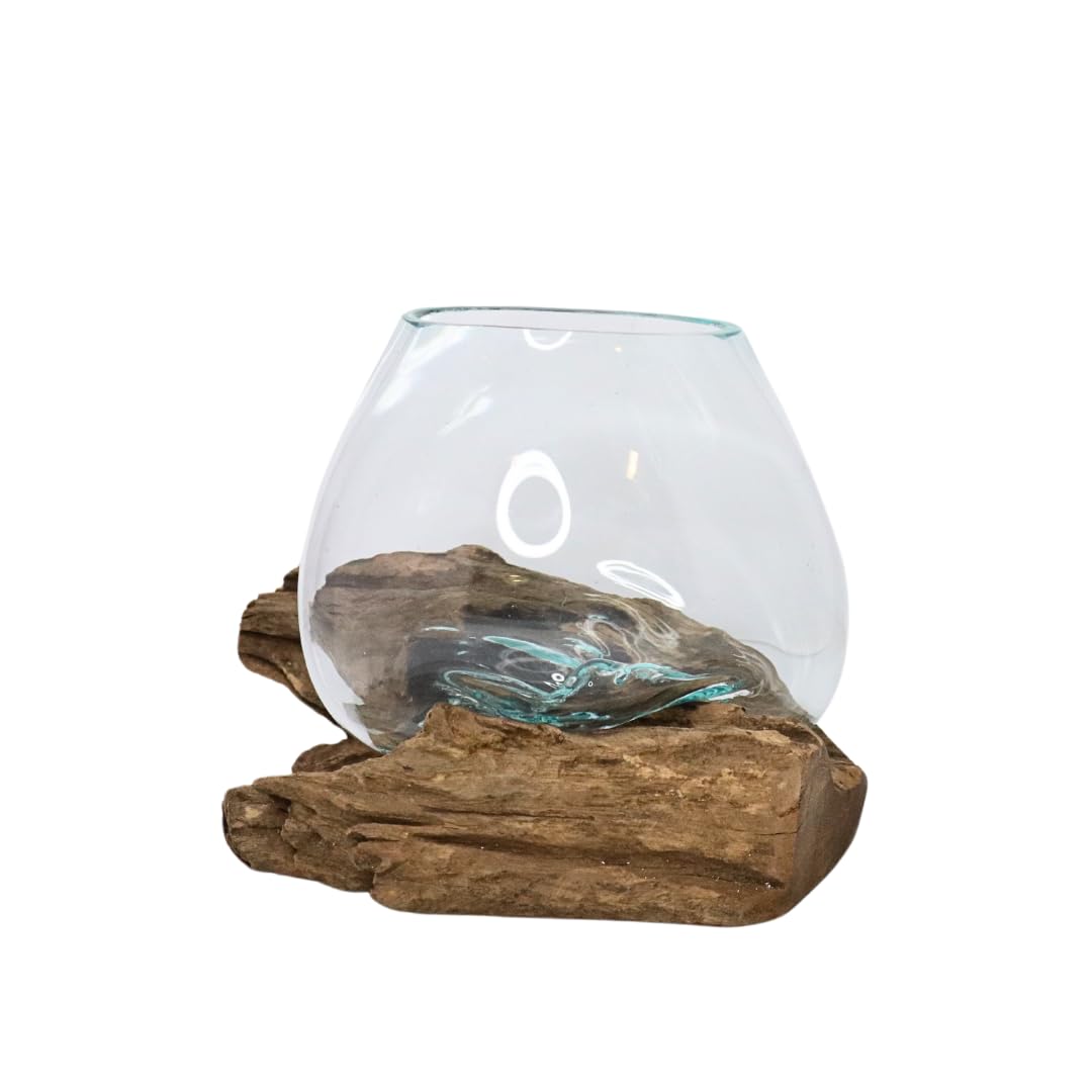 Rare Earth Gallery GamalFlow Medium Melted Glass Bowl On Wood Base, Perfect Terrarium or Planter, Brown, About 8" Wide