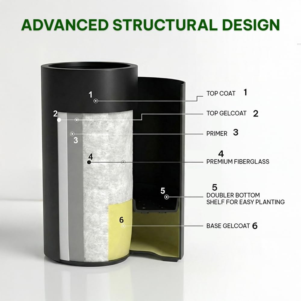 Wil & Vic 89s 15.7'' H x 7.9'' Dia (6.1'' Pot Opening) Jupiter Fiberglass, Cylinder Tall Planter with Drainage Hole, Lightweight, Durable Minimalist Home Decor, Included Extra Coco Mats, Black