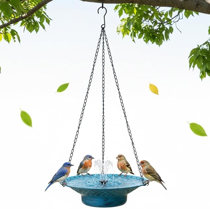 12.6" Hanging Bird Bath with Solar Fountain, Solar Bird Bath Fountains, Hanging Bird Baths for Outdoors, Hummingbird Fountain, Bird Bath Fountains Solar Power for Garden Patio Decor, Blue