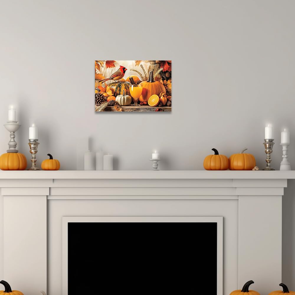 CCWORKERRY Fall Pumpkin Bird Wall Art Canvas Print Farmhouse Autumn Cardinal Painting Rustic Thanksgiving Home Decor for Kitchen Framed(Red,12L x 18W)