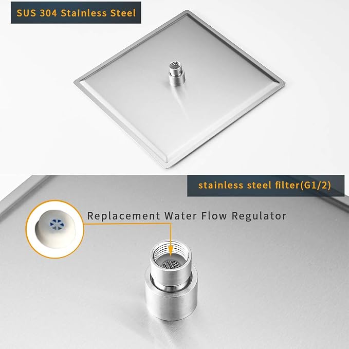 BESy 12 Inch Rain Shower Head, 12" Square Rainfall & High Pressure Stainless Steel Bath Shower Head, 1/16" Ultra Thin, Waterfall Full Body Coverage with Silicone Nozzle, Non Fingerprint Brushed Finish