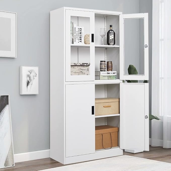 Metal Storage Cabinet with Doors and Shelves, 2 Adjustable Shelves, 4 Doors