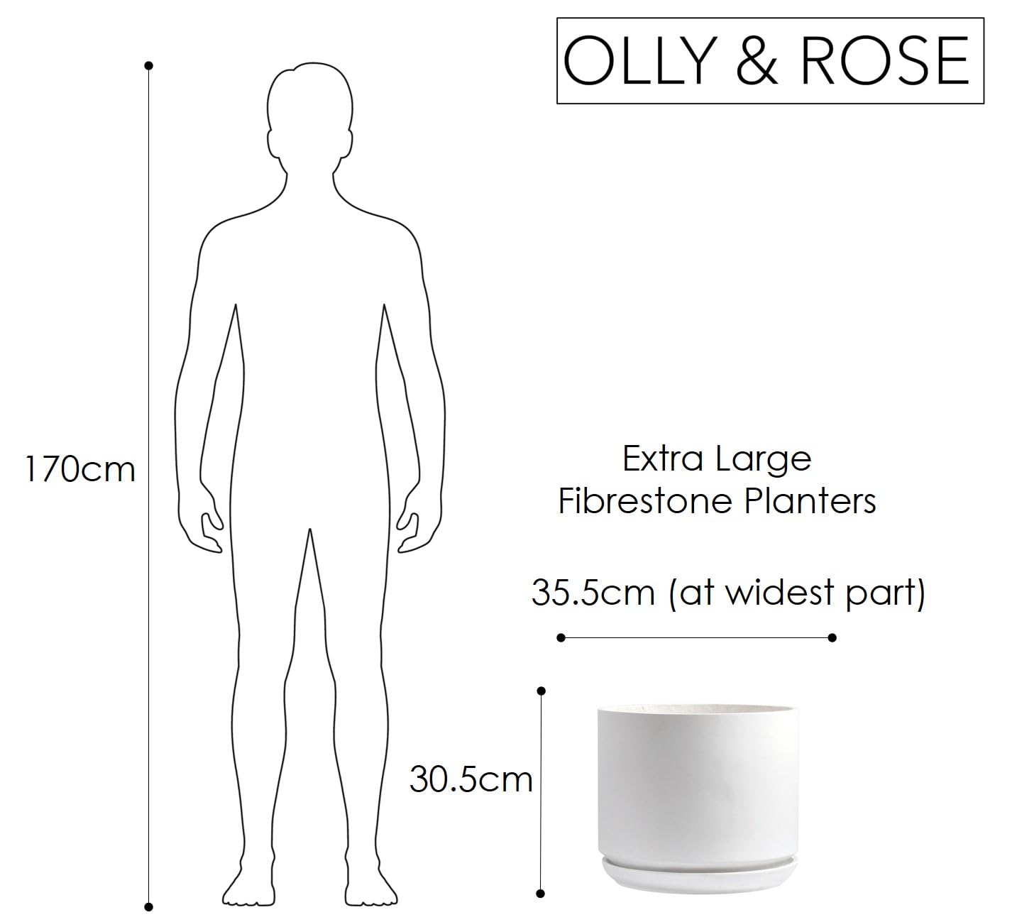 Olly & Rose Large Matt White Flower Pot Tall Planter 35.5cm Extra Large Fibre Planter with Saucer - Large Indoor and Outdoor Plant Pot