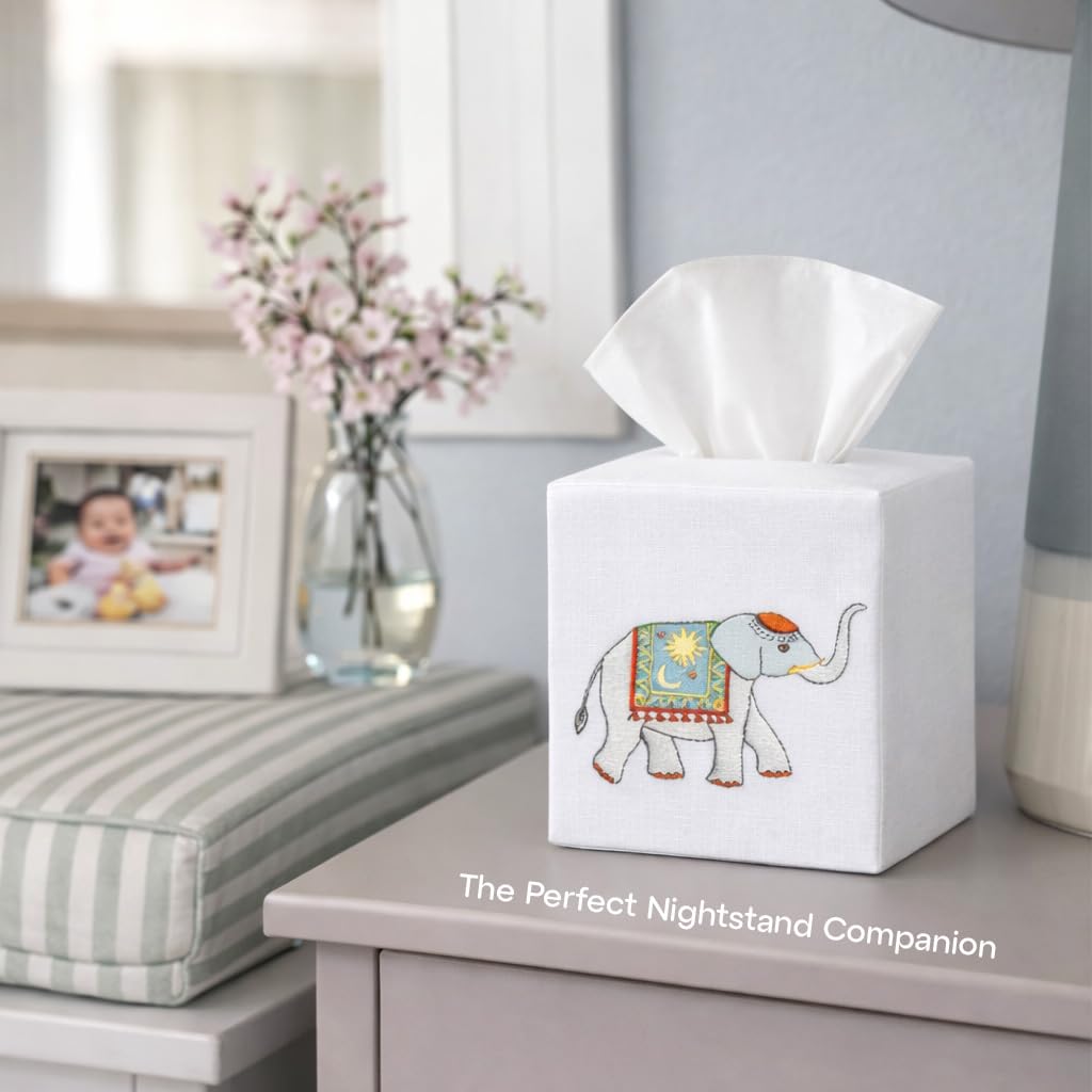 Jacaranda Living Square Tissue Box Cover, Linen/Cotton Tissue Holder, Decorative Cloth Tissue Cover, Fits Standard Square Tissue Boxes, Embroidered Animal Designs, Charming Elephant (Blue)