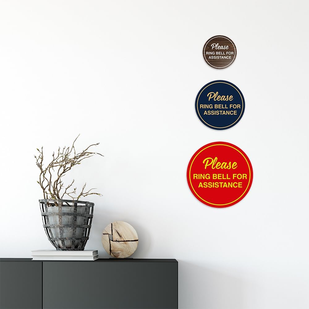 Signs ByLITA Circle Please Ring Bell For Assistance Wall or Door Sign | Easy Installation | Front Desk Reception Sign (Brushed Silver) - Medium (5 Pack)
