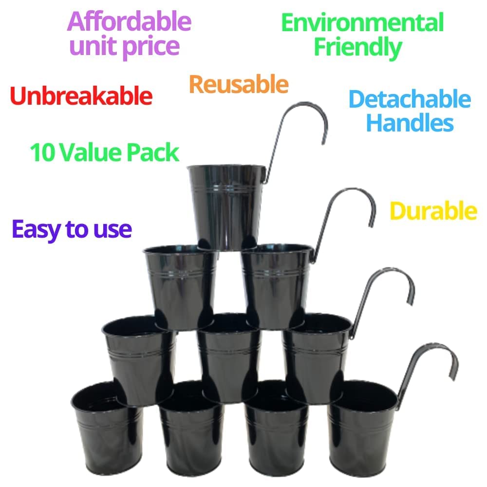LaLaGreen Small Hanging Planters - 10 Pack, 4 Inch Black Metal Bucket Small Flower Pots for Outdoor Outside, Balcony Railing Hanging, Cute Garden Decor Rail Wall Farmhouse Rustic Deck Porch Succulent