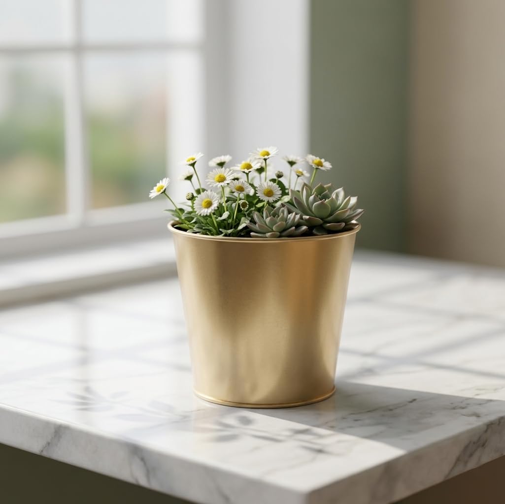 Hosley Set of 2 Gold Bucket/Pots with PVC Liner, 6.5" Dia x 6" H Ideal Gift for Floral Arrangements Wedding Home Office Party DIY Indoor Outdoor Garden Patio