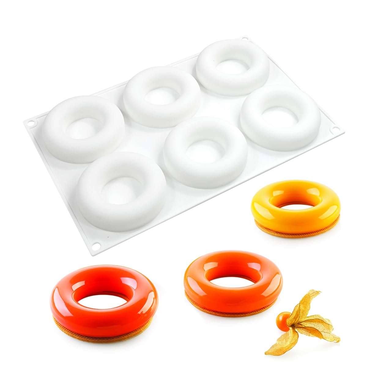 ANGOOD 3D Donut Silicone Mold, Cupcake Baking Pan Mousse Tray Molds, Kitchen Cake Decorating Fondant Mould for Pumpkin Shaped Baking Mousse Cake, 6-Cavity Non-Stick Silicone Moulds (D_ Donut)