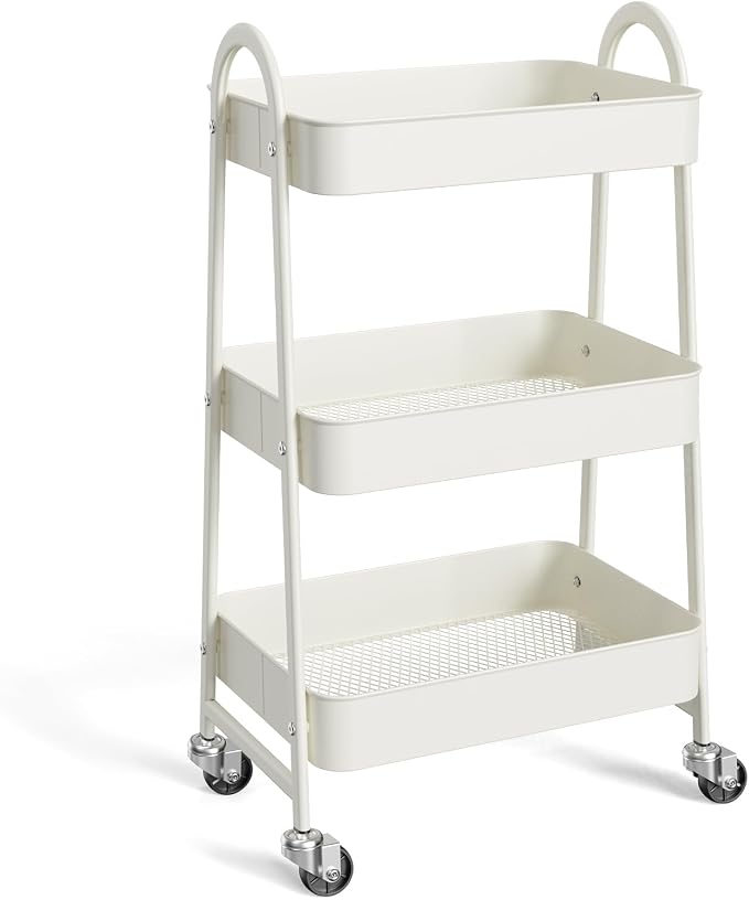 NEWBULIG 3-Tier Metal Rolling Storage Cart, Heavy Duty Mobile Utility Organizer Shelf with Lockable Wheels, Multifunctional Trolley for Daily Supplies, Home Indoor Daily Use, White