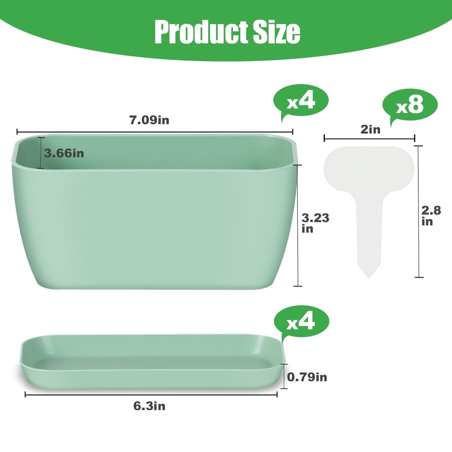 Oliz 4 Set Window Herb Planter Box Rectangular, Green Plastic Planters with Multiple Drainage Holes and Trays,Indoor Succulent Cactus Mint Flower Pot for Windowsill, Garden Balcony