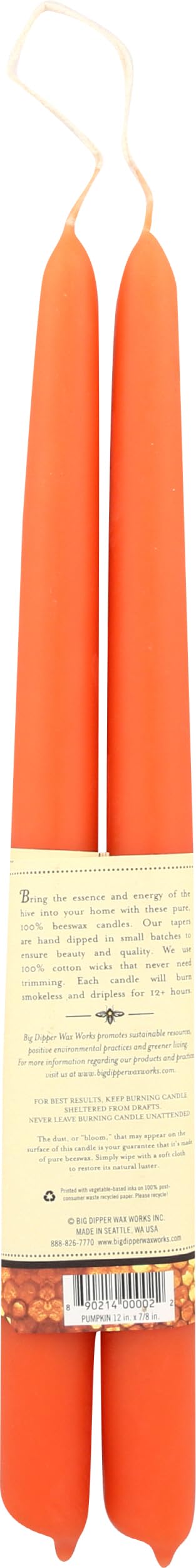 Big Dipper Wax Works Pumpkin Hand-Dipped Beeswax Taper Candles – 12” x 7/8”, 2-Pack, 100% Pure Beeswax, Long Burning, Clean, Cotton Wick, Handmade in USA, Home Décor & Wedding Candles