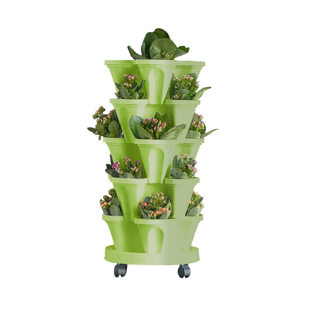 MTICYL Vertical Planter 5 Tiered,Stackable Planters for Strawberry Herb Flower and Vegetable Stacking Garden Tower Gardening Pots with Removable Wheels and Bottom Indoor Outdoor