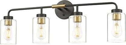 zeyu Farmhouse 4-Light Bathroom Vanity Light, 30 Inch Bathroom Lights Over Mirror, Black and Gold Finish with Clear Glass, ZS62B-4W BK+BG