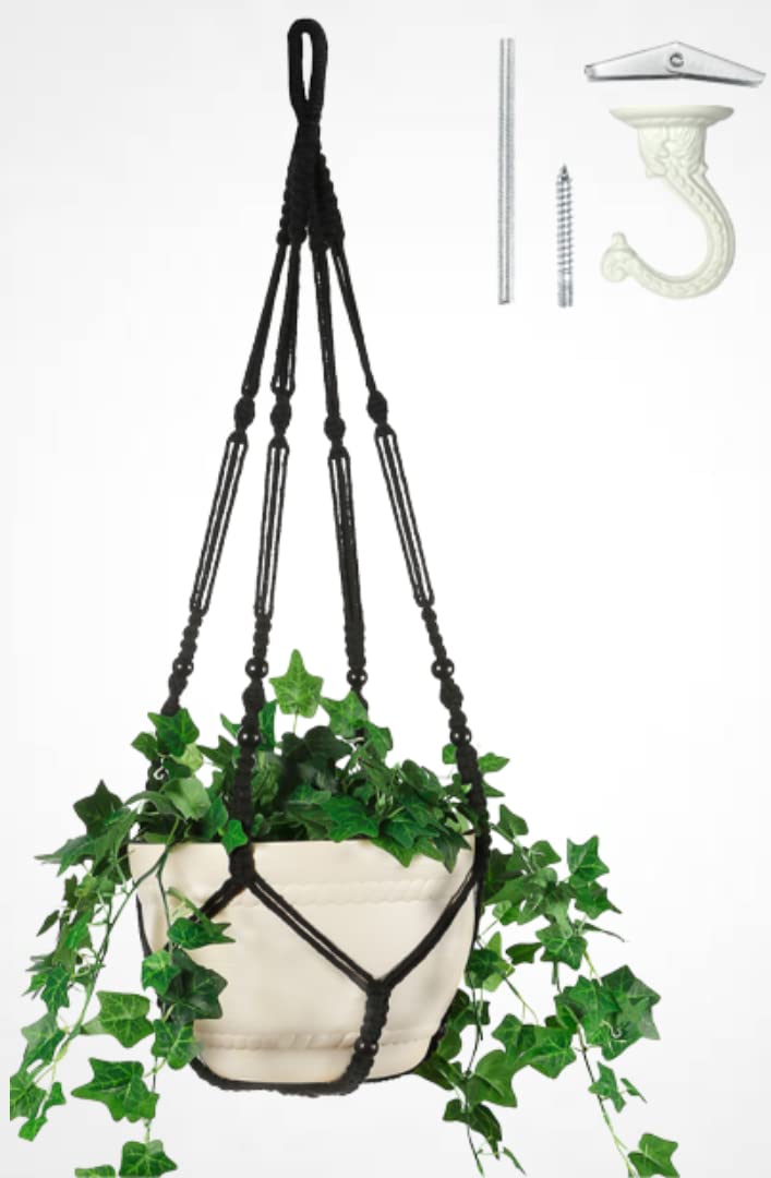 Shineloha 43 Inches Macrame Planter Hanger Large for 12 inch Pot + Swag Hook (Extra Long & Big) | Large Hanging Planter for Indoor Plants | No Tassel, Cotton Rope, NO Pot/Plant Included (Black)(XL)