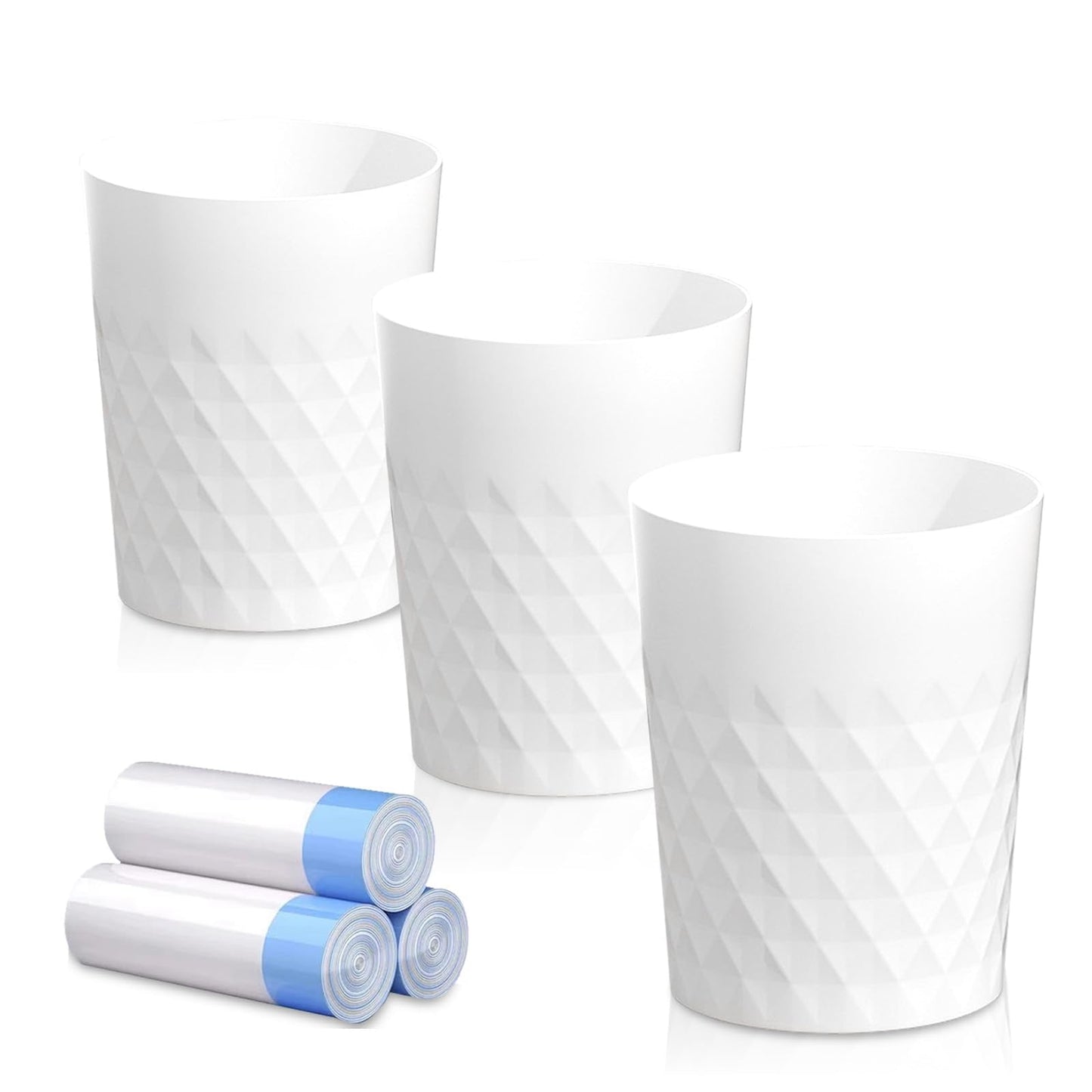 JiatuA 3 Pack Small Trash Can with Trash Bags Bathroom Garbage Bin Round Plastic Waste Basket for Kitchen, Bedroom, Office, College Dorm, Craft Room, White