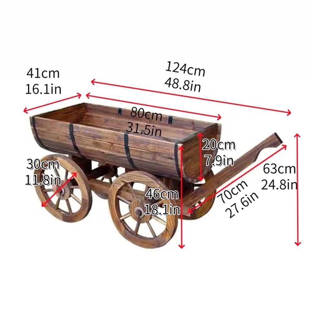 LFSBTI Garden Rustic Wooden Plant Pots, Wagon Wheels for Outdoor Decor, Decorative Wheelbarrow for Patio, Wood Flower Planter Pot Stand with 4 Wheels
