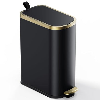 CEROELDA Small Bathroom Trash Can with Lid Soft Close-10L/2.6 Gal Slim Garbage Can-Metal Step Wastebasket-Rectangle Narrow Waste Bin for Office, Bedroom, Toilet, Live Room (Black)