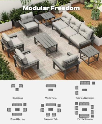 Grey HDPE Patio Sofa Set, 3-Piece Sectional Outdoor Patio Furniture Set, All Weather Outdoor Couch Set with Washable Thick Cushions for Lawn, Garden, Deck, Porch, Balcony, Poolside, Yard