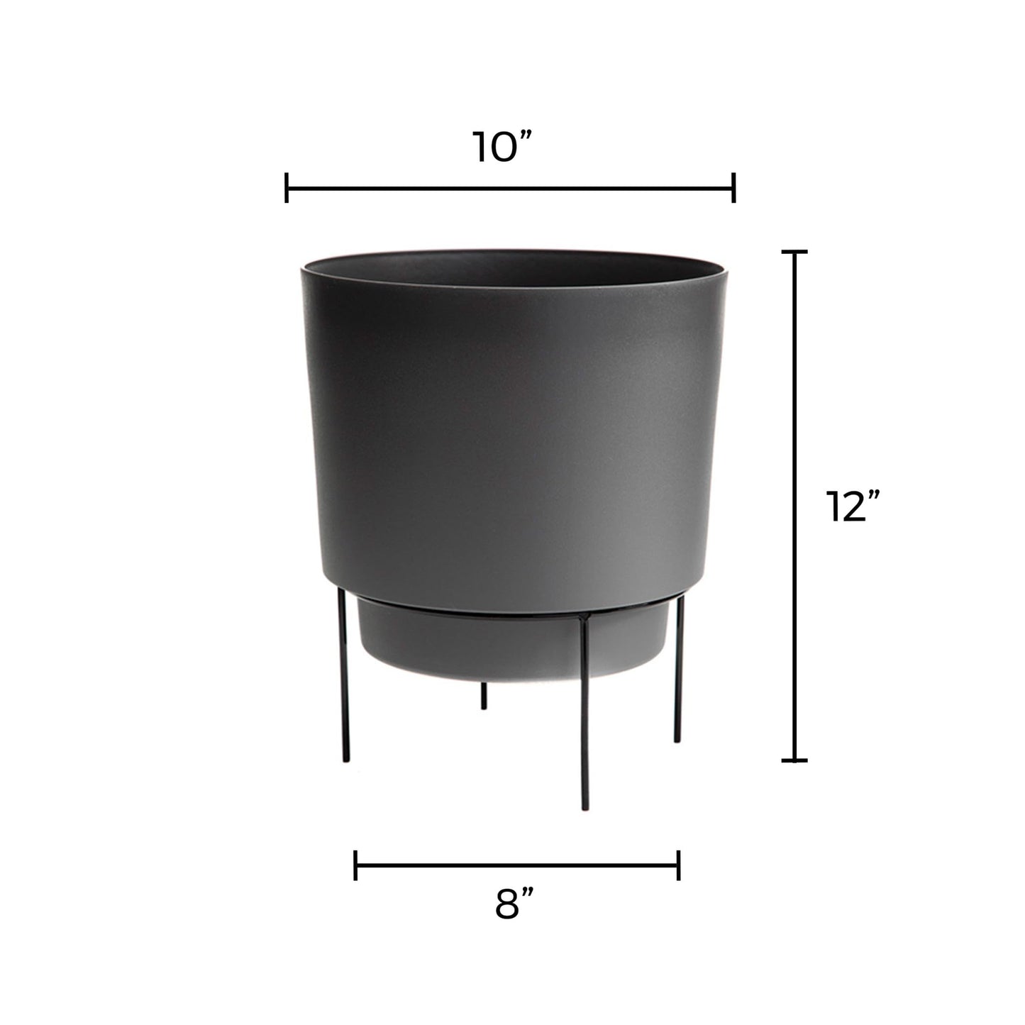Bloem Hopson 10" Plastic Cachepot with Metal Stand - Decorative Indoor Planter with Black Metal Stand, Charcoal