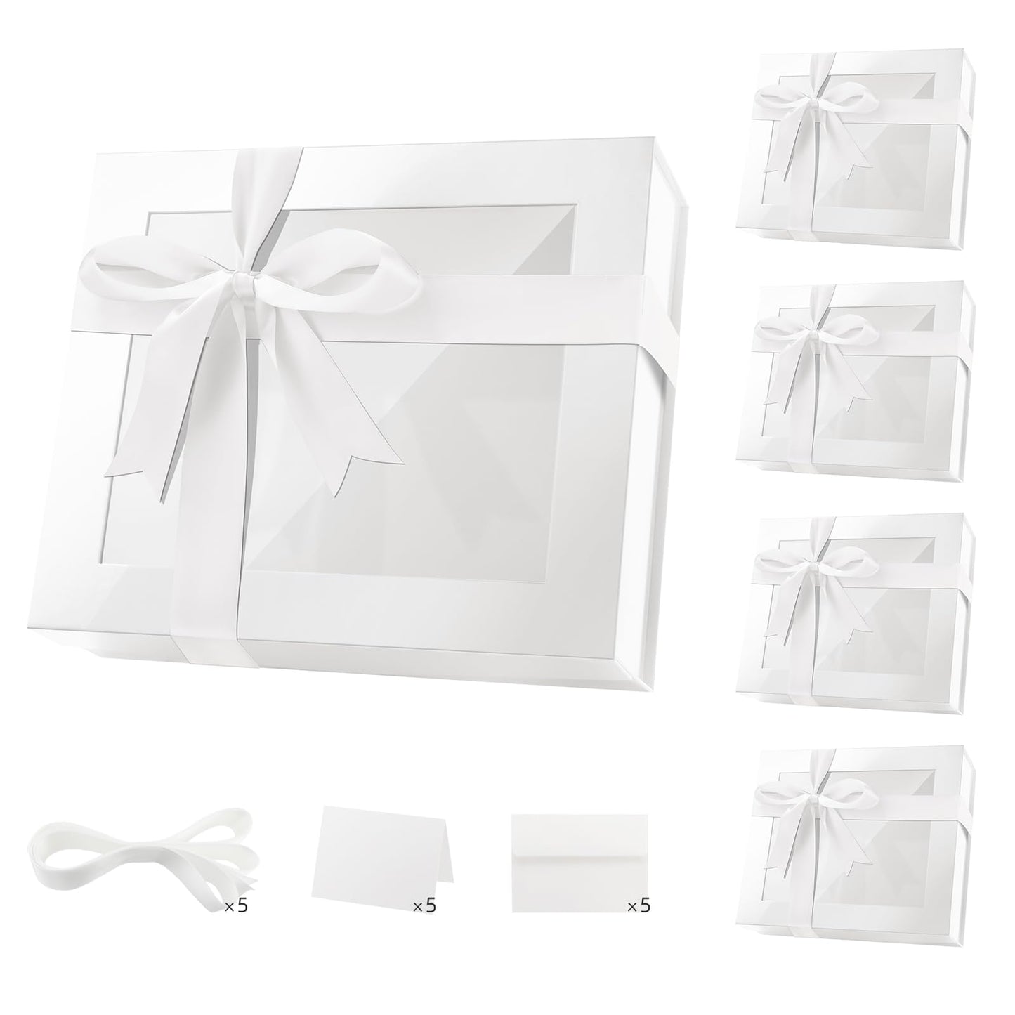 PACKQUEEN 5 Extra Large White Gift Boxes with Windows, 16.3x14.2x5 Inches Mother's Day Clear Gift Boxes for Presents Contain Ribbons, Cards, Bridesmaid Proposal Boxes with Magnetic Lids (Glossy White)