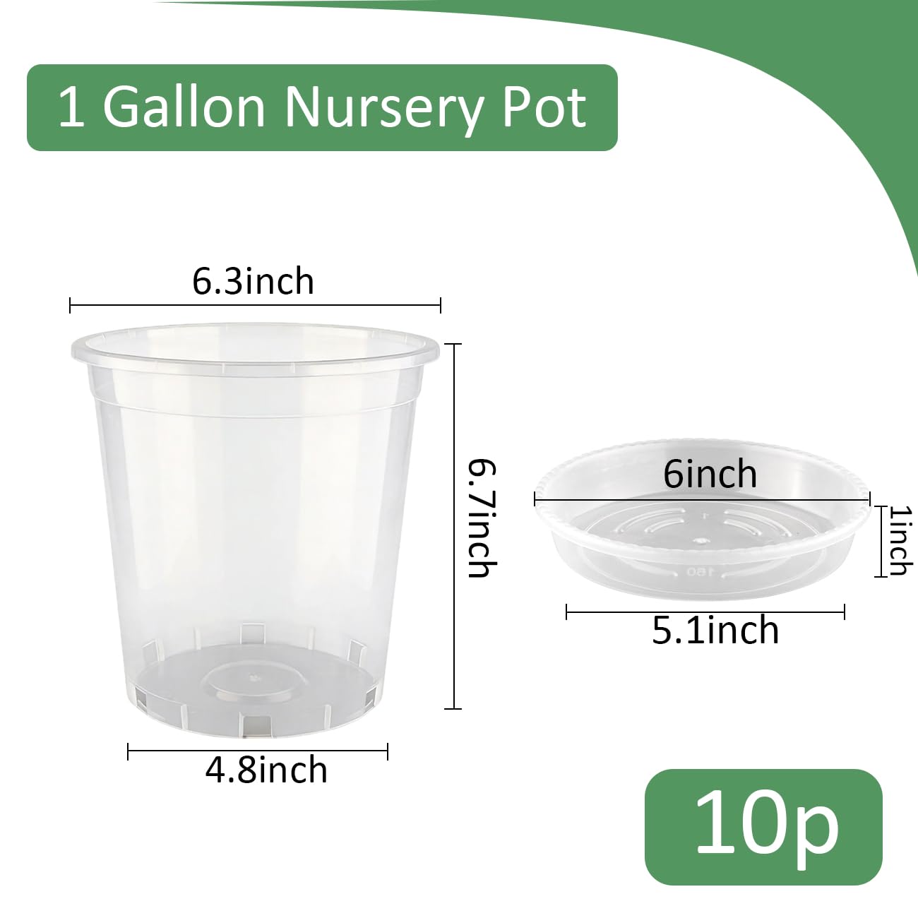 BTPLASTIK 1 Gallon Clear Nursery Pots with Saucers 10P, 6.5 Inch Round Plastic Plant Pots with Drainage Holes