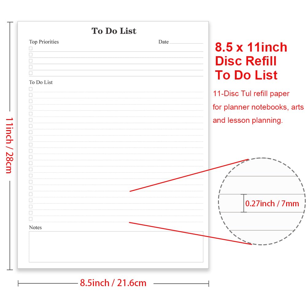 Letter Size TUL Discbound To Do List Refills, 11 Disc Daily Planner Insert, 100Sheets / 200Pages To Do Paper, 100gsm White Paper, 8.5'' x 11''