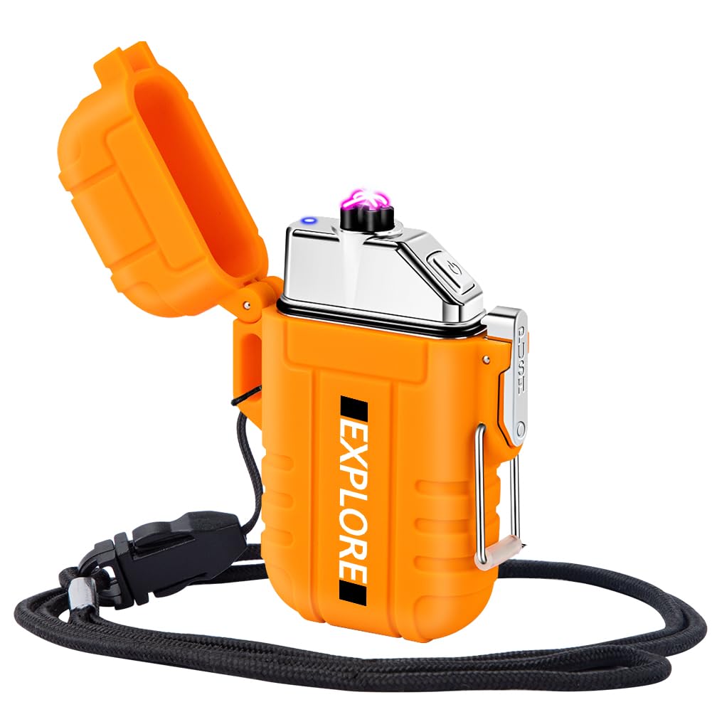 LcFun Electric Lighter - USB C Rechargeable, Windproof, Waterproof Flameless Dual Arc Plasma Lighters with Portable Lanyard for Adventure, Survival Tactical, Camping Gadgets for Men (Orange)