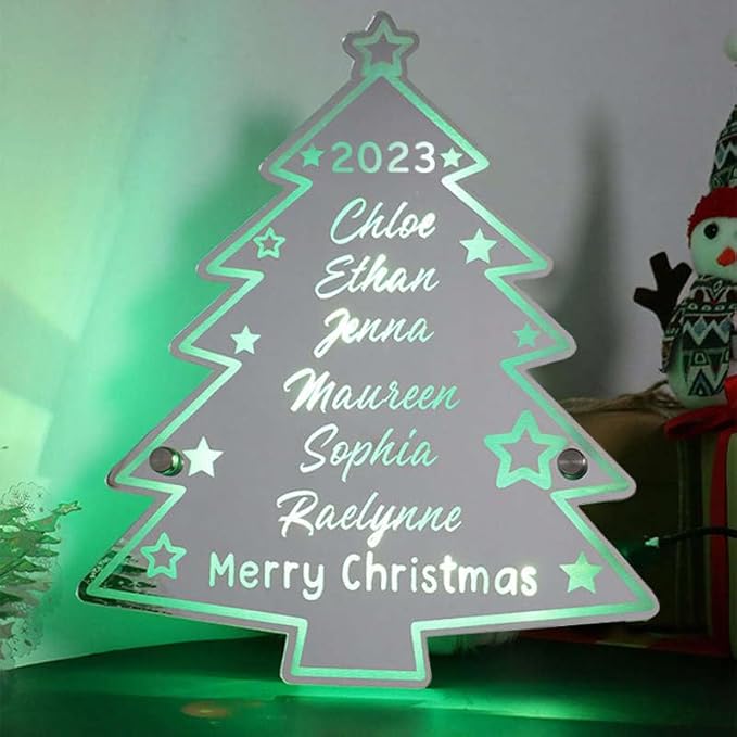 VEELU Personalized Custom Name Mirror LED Light Up, Christmas Tree Wall Decor