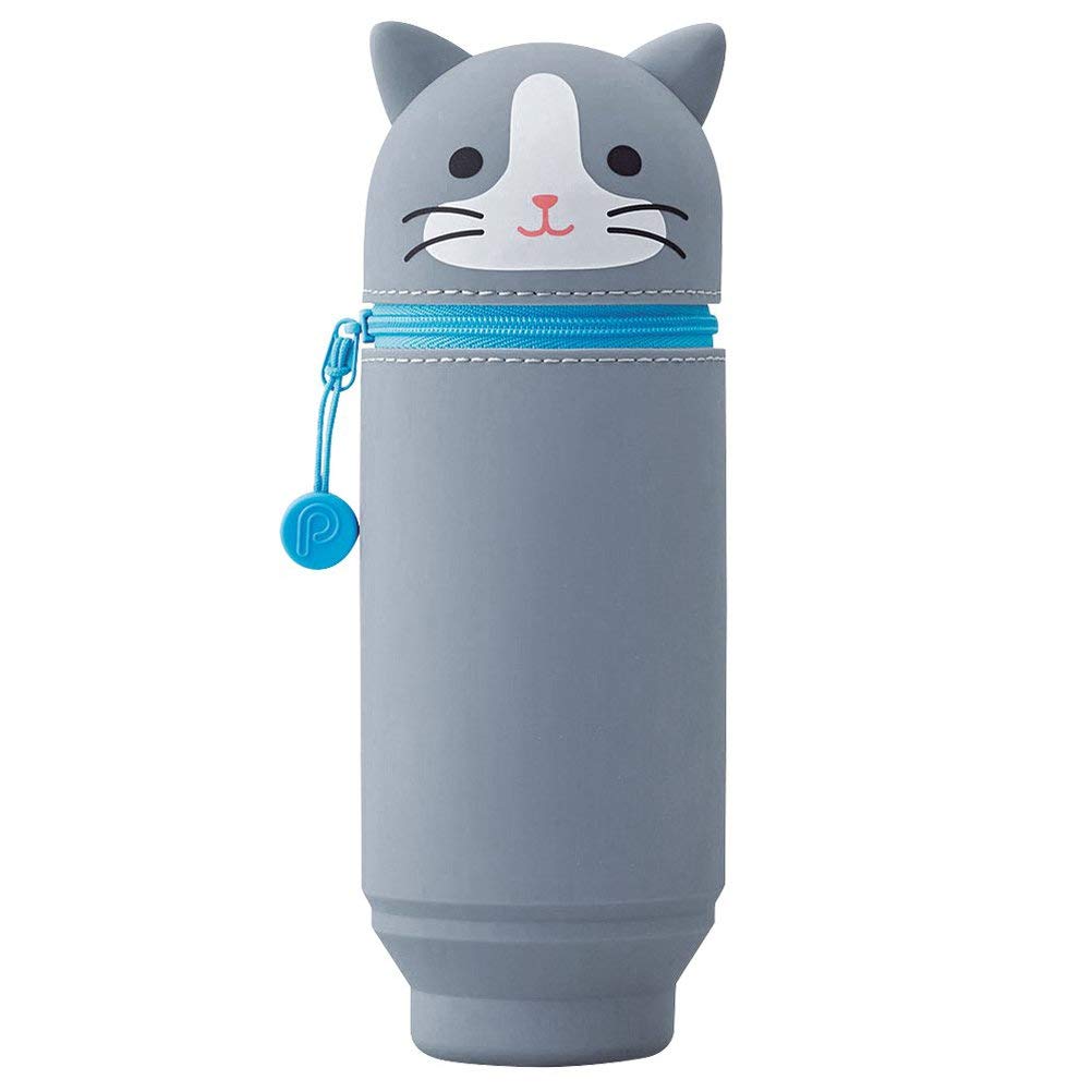 LIHITLAB Kawaii Japanese Cat Large Stand Up Pencil Case For School Office College, Cute School Supplies, Animal Pen Holder Pencil Pouch Holder Girls, Artist Pencil Case, Gray Cat (A7714-4)
