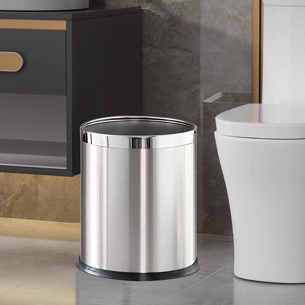 LEASYLIFE 2.6Gallon/10L，Stainless Steel Bathroom Trash Can,Chrome Trash Can,Silver Garbage Can for Office，Wastebasket for Hotel，Office，Store，Metal Trash bin Without lid (Silver)