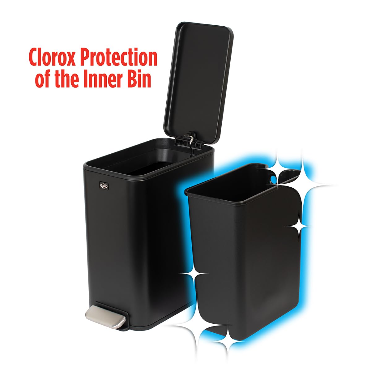 Clorox Slim Trash Can - 2.6 Gallon (10 Liter) Small Metal Trash Can with Soft Close Lid, Step Pedal, Removable Bucket - Black Stainless Waste Bin for Narrow Spaces, Bathroom, and Office