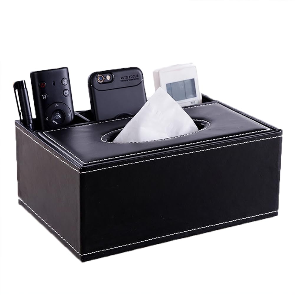 PU Leather Tissue Box Cover - Multifunctional Tissue Box Holder with Stationery Remote Control Box - Elegant and Stylish Home Napkin Holder Desktop Tissue Paper Holder Desk Storage Organizer (Black)