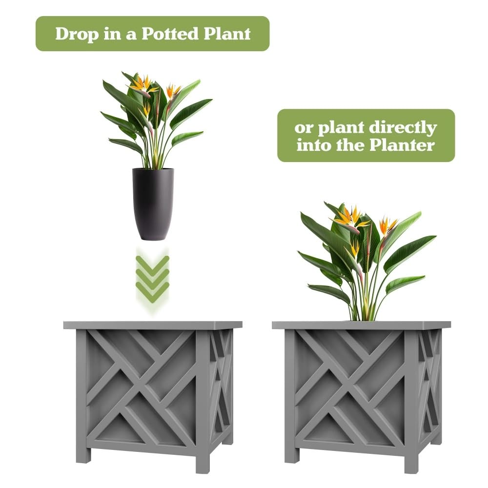 Ratiyae 15.5-Inch Outdoor Lattice Planter Box, Gray Decorative Plant Pot for Patio, Garden, Porch & Balcony