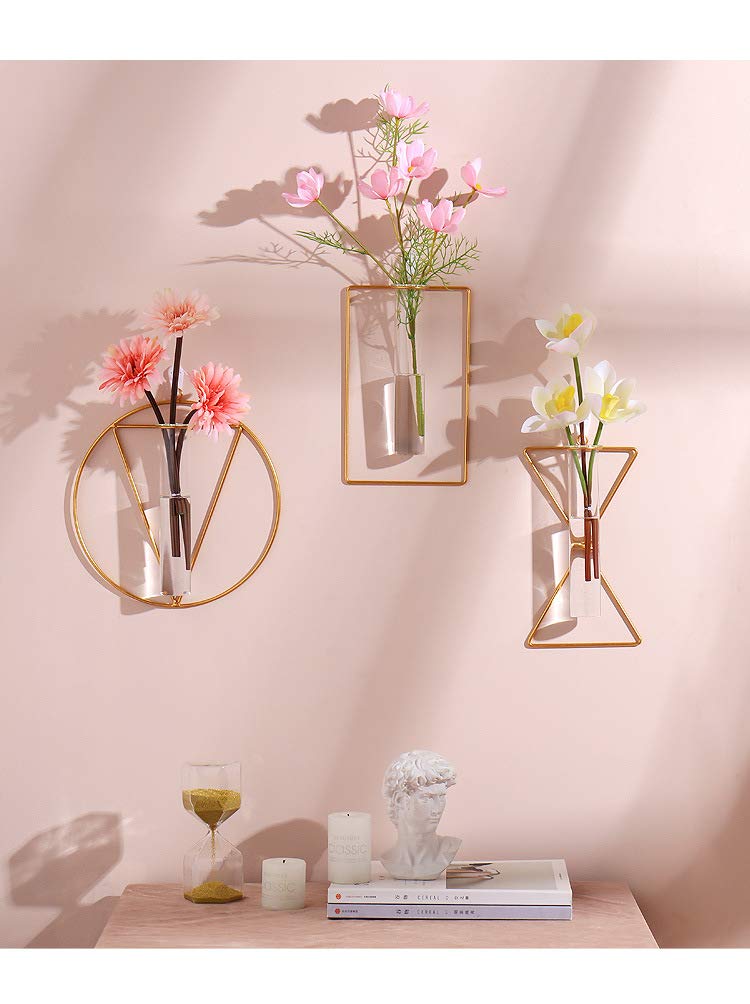 yaocoral Nordic Wall Vase Hanging Geometric Gold Flower Vase Wall Mount Metal Frame Vases Hydroponic Glass Bud Vase Decor for Home Wedding Farmhouse