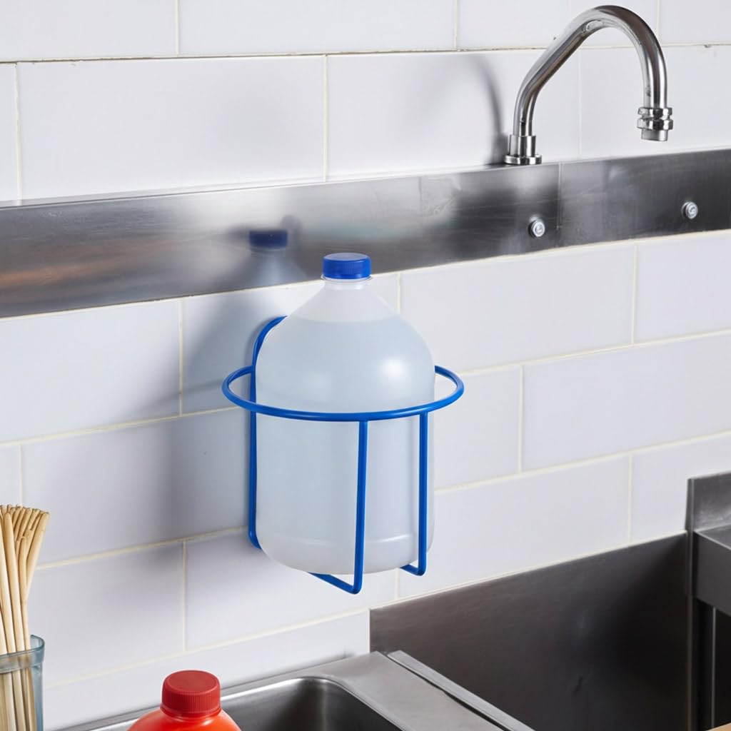 TCD Parts Blue Round One Gallon Jug Wall Mount Rack – Heavy-Duty Steel Holder for Hand Sanitizer, Hand Soap, or Liquid Detergent – Space-Saving Commercial Bottle Storage Organizer
